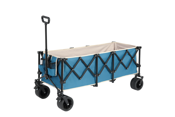Foldable Extended Wagon with 220lbs Weight Capacity, Heavy Duty 300L Folding Utility Garden Cart with Big All-Terrain Beach Wheels & Drink Holders. Blue