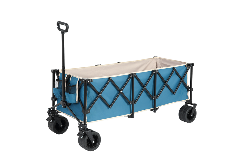 Foldable Extended Wagon with 220lbs Weight Capacity, Heavy Duty 300L Folding Utility Garden Cart with Big All-Terrain Beach Wheels & Drink Holders. Blue