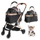 Pet Stroller for Dogs and Cats, 2-in-1 Detachable Foldable 4 Wheels with Sun Canopy, Black+Gold, Carbon Steel Frame