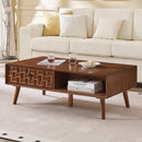 Farmhouse Wooden Coffee Table with Hidden Drawer & Open Shelf