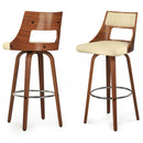 Dallyn Swivel Bar Stool Set of 2 in Cream Vegan Faux Leather with Walnut Finish Wood and Chrome Accents