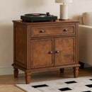 Farmhouse Nightstand with Charging Station, Wood Bedside Table with Drawer & Double-Door Storage Cabinet, End Table with USB & Type-C Ports for Bedroom, Living Room, Walnut Brown