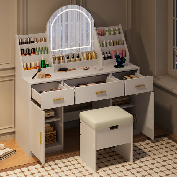 47.2' Makeup Vanity with Mirror and Light, Vanity Desk with Cushioned Storage Stool, Dressing Table with Two Organizers,3 Drawers and 2 Cabinets for Bedroom, White