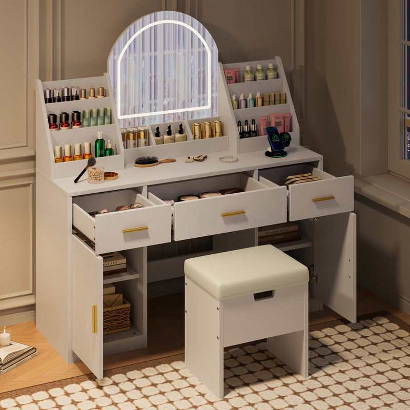 47.2' Makeup Vanity with Mirror and Light, Vanity Desk with Cushioned Storage Stool, Dressing Table with Two Organizers,3 Drawers and 2 Cabinets for Bedroom, White