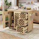 K&K 53.2'W 3D Woven Checkerboard Pattern Design Kitchen Island with Drop Leaf, Rolling Kitchen Island on Wheels with Internal Storage Rack, Power Outlet, Kitchen Cart with 3 Drawers 2 Cabinets, Nature