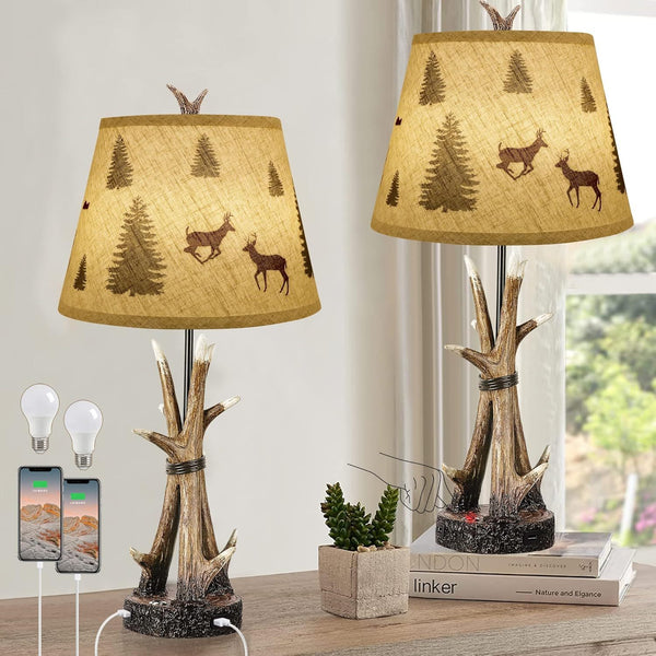 Farmhouse Deer Antler Table Lamps for Living Room Set of 2, 3-Way Dimmable Touch Rustic Bedside Lamp for Bedroom, Western Resin Nightstand Lamps with 2 USB Ports for Country Cabin, 2 Bulbs Included
