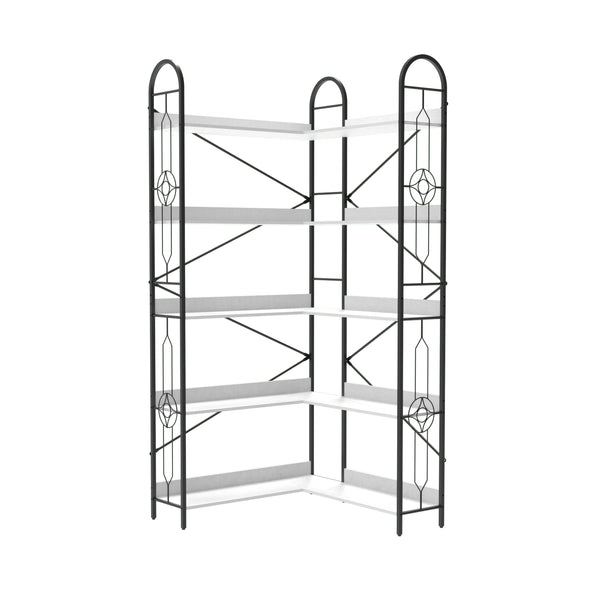 Industrial Style 5 Tier Corner Bookshelf, Ivory White MDF with Thickened Iron Frame, 72.05 Inch