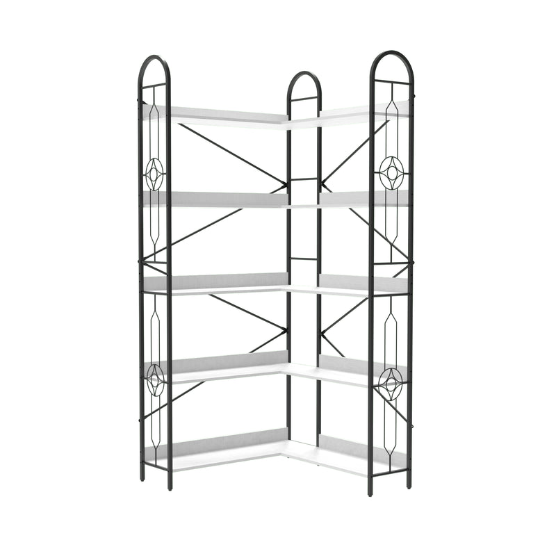 Industrial Style 5 Tier Corner Bookshelf, Ivory White MDF with Thickened Iron Frame, 72.05 Inch