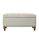 Elegant Ottoman Storage Bench with Recessed Hinge and Rivet Trim in Beige Linen for Bedroom, Entrance, Living Room