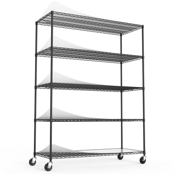 5 Tier 7500lbs Heavy Duty Adjustable Storage Rack Metal Shelf Wire Shelving Unit with Wheels & Shelf Liners - 82' H x 60' L x 24' D - Black