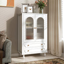 46.5'' Glass Display Cabinet with Ribbed Glass Doors,Wooden Curio Cabinet with 2 Drawers & Adjustable Shelf, Freestanding Buffet Cabinet Unit for Living Room Dining Room, White