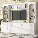 Modern Arched Entertainment Center Wall Unit with Drawers, Farmhouse TV Stand with Cable Holes for TVs Up to 65', Multifunctional All-in-One TV Console with Adjustable Shelves for Living Room, White