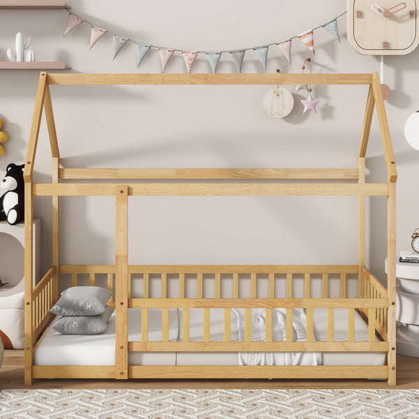 Twin Size House Floor Wooden Bed with Roof Frame,Safety Guardrails,Natural