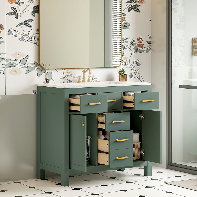 36'' Bathroom Vanity with Ceramic Sink Combo Set, Modern Freestanding Single Bathroom Cabinet with 4 Drawers & 2 Cabinets,Storage Cabinet for Bathroom, Solid Wood Frame Vanity Set, Green