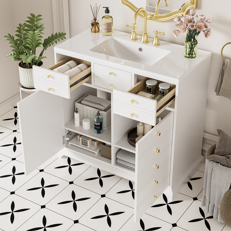 36'' Bathroom Vanity with Ceramic Sink Combo, Solid Wood Frame Bathroom Storage Cabinet, Freestanding Vanity Set with 2 Drawers& Soft Closing Doors, White