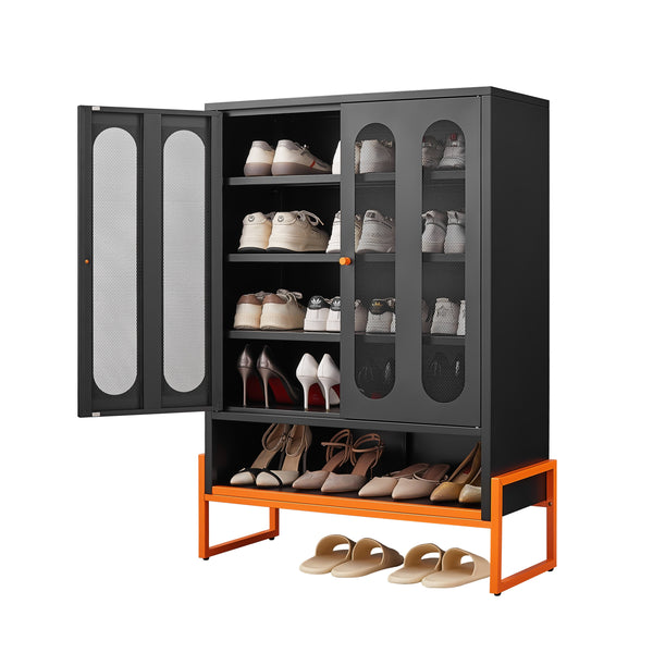 Modern Black Metal Shoe Cabinet with Double-Sided Mesh Doors and Adjustable Partitions, 5.9' High Foot Design