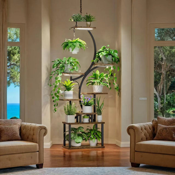 8-Tier Indoor Plant Stand with Grow Lights, 61 in S-Shaped Metal Shelf for Multiple Plants, Black