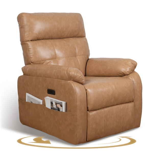 Power Swivel Rocker Recliner Chair, Oversized Recliner Chairs for Adults, PU Leather Overstuffed Reclining Chair with USB and Type-C Ports for Living Room, Brown