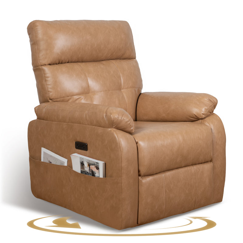 Power Swivel Rocker Recliner Chair, Oversized Recliner Chairs for Adults, PU Leather Overstuffed Reclining Chair with USB and Type-C Ports for Living Room, Brown