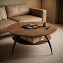 3.54-inch round coffee table with an inlaid glass top and carbon steel legs; walnut top and base