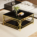 Square Glass Coffee Table in 33.5',Luxurious Geometric Metal Frame,Gold Finish & Lower Shelf