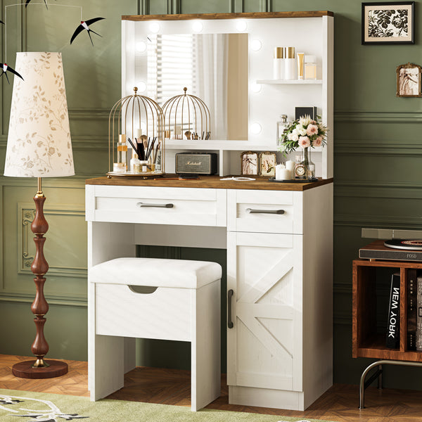 Farmhouse Makeup Vanity Desk with Mirror and Lights, 3 Lighting Modes, Vanity Set with Stool, Dressing Table with Adjustable Shelves,2 Drawers and Side Cabinet for Bedroom, White