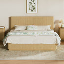 Kind Size Bed Frame with LED Lights, Modern Wooden Corrugated Curved Lines, Convex Groove Board Design, Oak.
