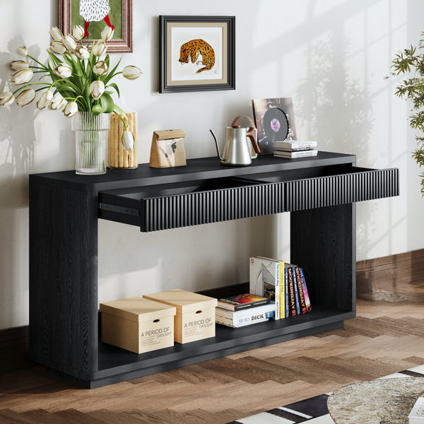 60' Modern 2-Drawer Fluted Console Table Natural Wood Veneer Sofa Table Behind Couch Table for Living Room, Hallway, Entryway, Home Office, Black