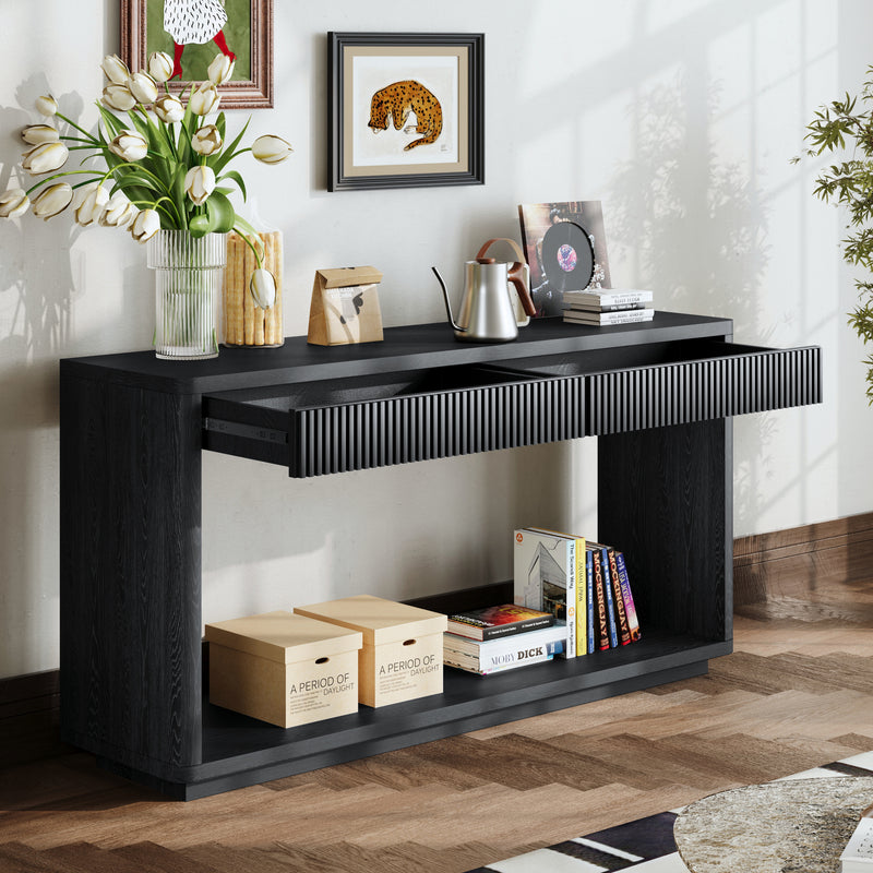 60' Modern 2-Drawer Fluted Console Table Natural Wood Veneer Sofa Table Behind Couch Table for Living Room, Hallway, Entryway, Home Office, Black