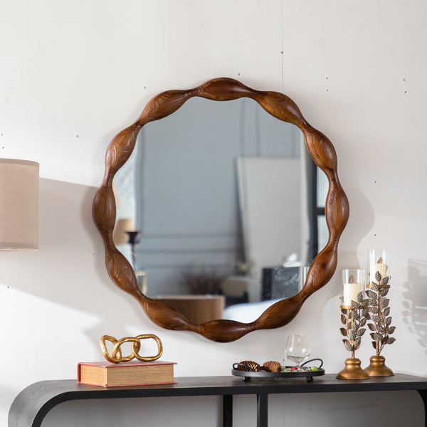 Natural Wood Round Mirror 32.28' Decorative, Rustic Large Circle Waved Irregular Farmhouse Mirror for Living Room, Fireplace,Hallway,Farmhouse,Brown