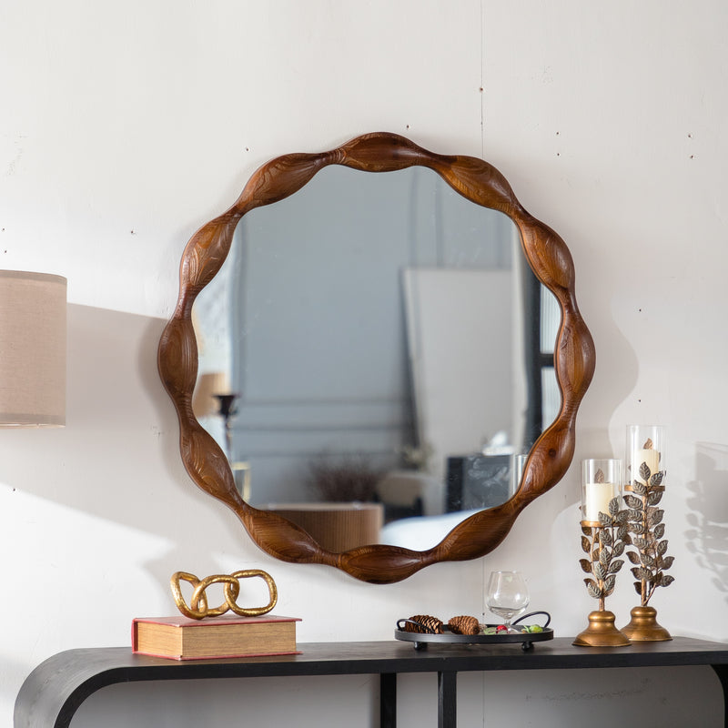 Natural Wood Round Mirror 32.28' Decorative, Rustic Large Circle Waved Irregular Farmhouse Mirror for Living Room, Fireplace,Hallway,Farmhouse,Brown