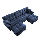 Elegant Textured Chenille Fabric 3 Seater Sofa Set with Ottoman and Throw Pillows, Solid Wood Frame, Blue