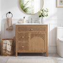 30 Inch Freestanding Farmhouse Bathroom Vanity with Integrated White Ceramic Sink Top, Smooth Finish Natural Acacia Wood Veneer Herringbone Chevron Cabinet, Soft Close Doors & Full Extension Drawer, B
