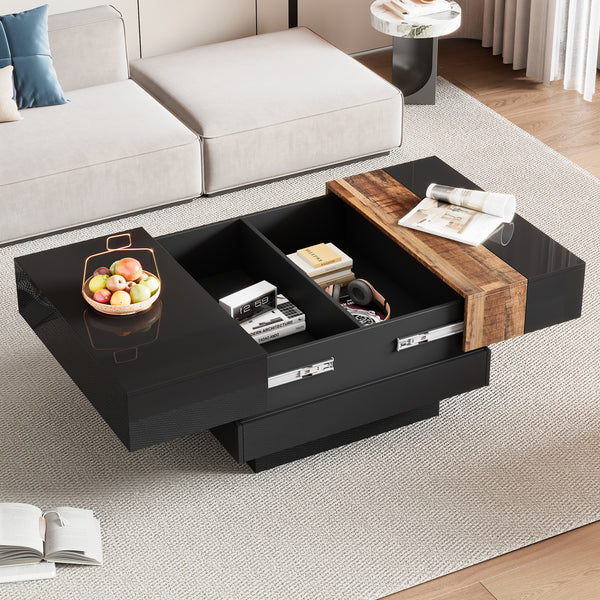 ON-TREND 31.4'' x 31.4'' Square Coffee Table with Sliding Tabletop, High Gloss Center Table with Hidden Storage Compartment, Extendable Cocktail Table with Walnut Grain Finish for Living Room, Black