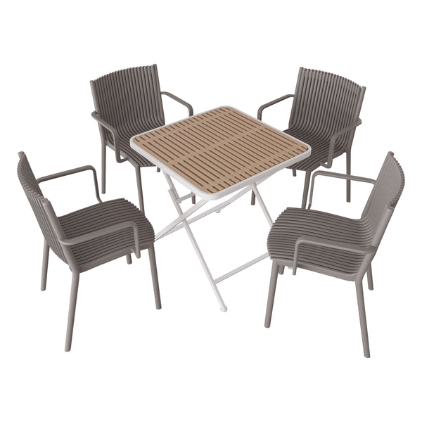 Four pcs Modern Stackable Plastic Armchair Matched with Folding Square Table,Warm Grey/Khaki/White21.26*20.08*31.5(in) /27.56*27.56*29.33(in),pp,metal