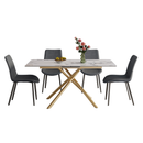 Modern 59-inch Expandable Dining Table with Retractable Leaf, Charred Stone Top & Golden Carbon Steel X-Base, 4-6 Person Set with 4 Gray PU Chairs for Small Apartments, Kitchen