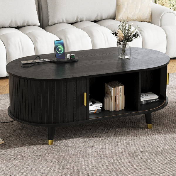 [Assembly Video] 42.5'W Wooden Oval Fluted Coffee Table with Charging Station, Mid-Century Center Table with Sliding Tambour Door,Farmhouse Cocktail Table with Solid Wood Legs for Living Room, Black