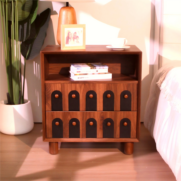 26' Tall Modern Nightstand with Charging Station, 23.75'' Wide Wood Bedside Table w/2 Storage Drawers, Large Mid Century End Table for Bedroom, Living Room, Curve mirror Design