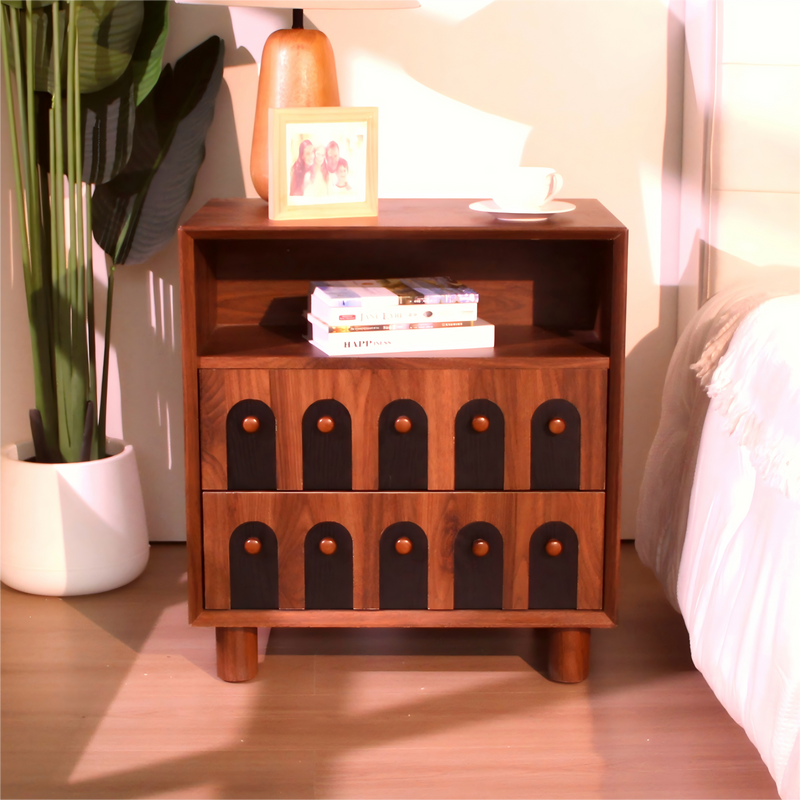 26' Tall Modern Nightstand with Charging Station, 23.75'' Wide Wood Bedside Table w/2 Storage Drawers, Large Mid Century End Table for Bedroom, Living Room, Curve mirror Design