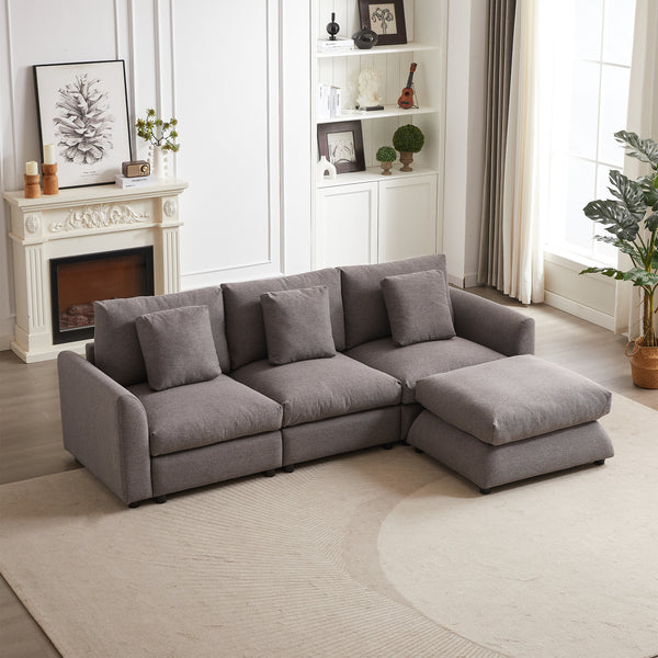MH102.2 Inch Combination Sofa Modular Sofa with Ottoman, plastic leg,Three Cushions and Three  Pillows for Living Room, Apartment, Studio L-Shaped Sofa Sleeper Comfort Upholstered Furniture,grey