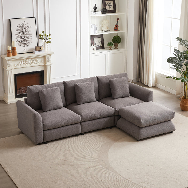 MH102.2 Inch Combination Sofa Modular Sofa with Ottoman, plastic leg,Three Cushions and Three  Pillows for Living Room, Apartment, Studio L-Shaped Sofa Sleeper Comfort Upholstered Furniture,grey