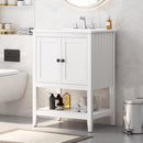 24' White Modern Sleek Bathroom Vanity Elegant Ceramic Sink with Solid Wood Frame Open Style Shelf