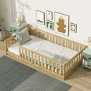 Twin Size Floor Bed with Fence without Door, Rubber Wood Floor Bed with Safety Guardrails,Natural (Old Sku W504P286397)