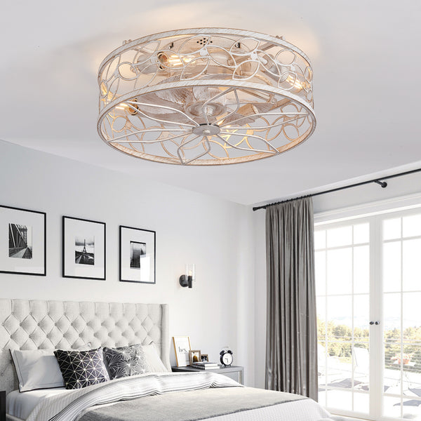 18-inch White Vintage Caged Ceiling Fan Light – Quiet Operation, Remote Control, Industrial Style for Living Room, Bedroom, and Kitchen (Silent/6-Speed/Reversible/DC Motor) (Bulb Not Included)