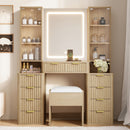 43.5' Fluted Makeup Vanity Desk with Mirror and Lights, Modern Glass Top Vanity Table with 10 Drawers & 2 Transparent Glass Cabinets, Dressing Table Set with Stool and Charging Station, Oak
