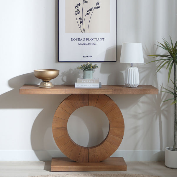 53.2in Modern Minimalist Wooden Console Table Circular Base Wooden Console Table  – Elegant Decorative Accent for Entryway, Living Room, and Hallway