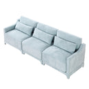 Elegant Sky Blue Three-Seater Sofa with Lumbar Pillow, Chenille Upholstery, Ergonomic Design, Wooden Base