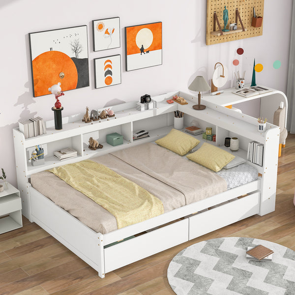 Contemporary Full Bed with L-shaped Bookcases and Storage Drawers in White Pine