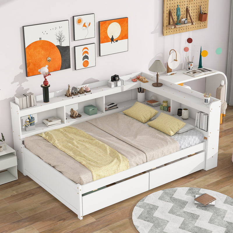 Contemporary Full Bed with L-shaped Bookcases and Storage Drawers in White Pine