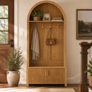 Arched Top Hall Tree with Bench and Shoe Storage,mudroom bench with storage,70.3'Arch Coat Rack with 4 Metal Hooks and 2 Fluted Doors,Farmhouse Style Furniture Organizer for Mudroom, Entryway, Hallway